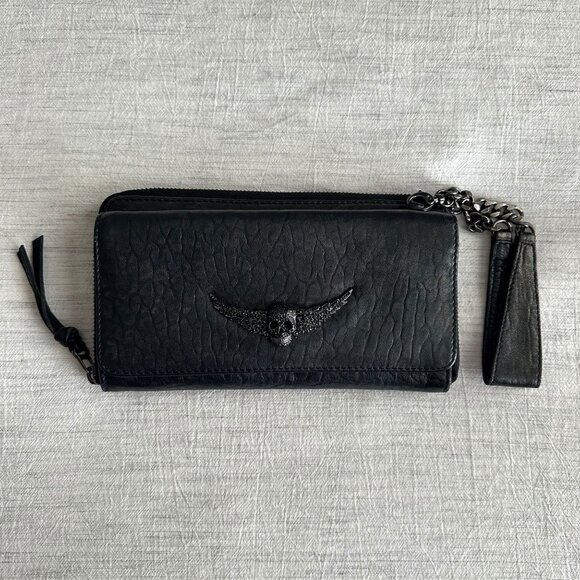 Zadig & Voltaire Black Fanny Bubble Deluxe Distressed Skull Wings Wristlet Purse - Picture 1 of 11